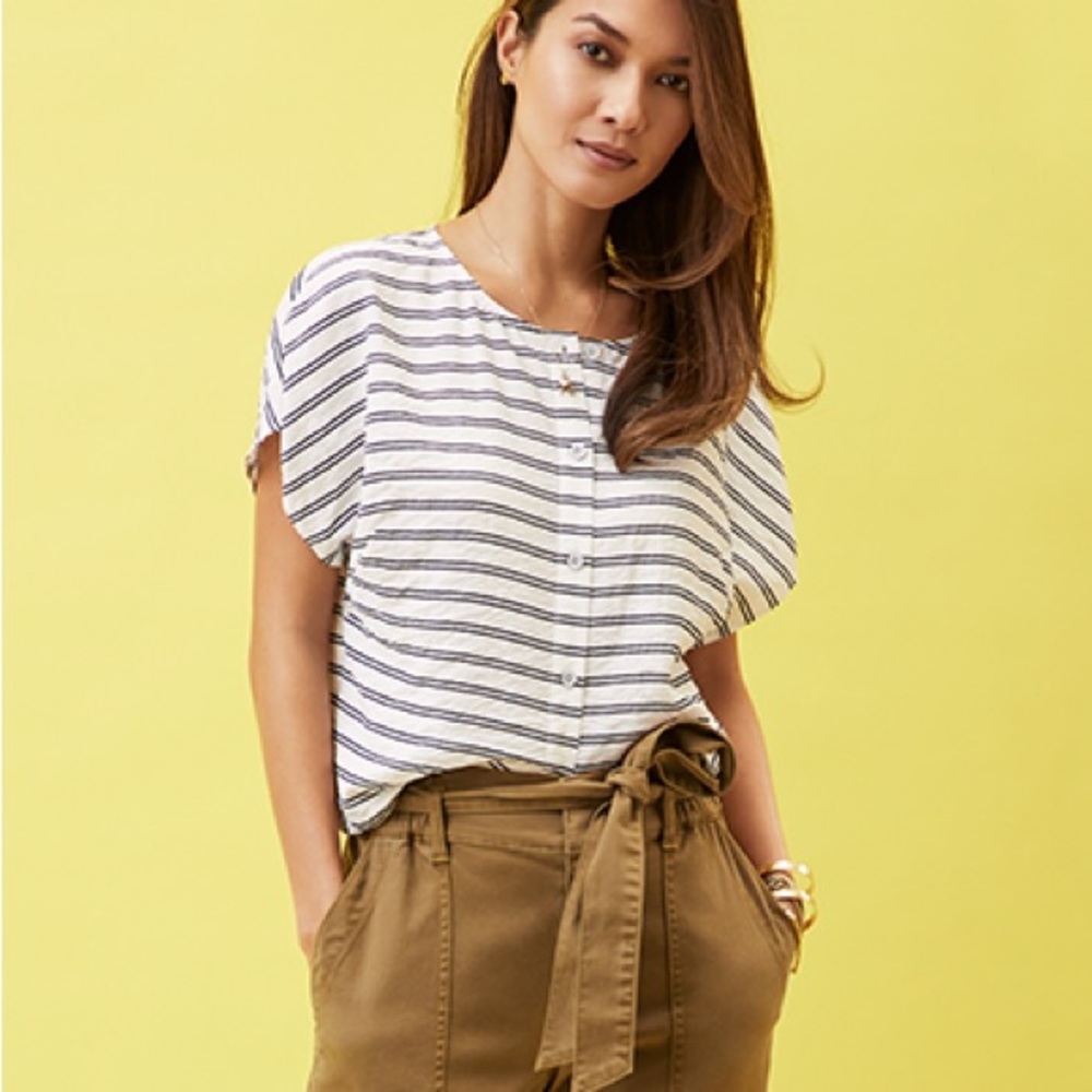 Cabi #5788 Sail Away Top Button Front Dark Navy/White Stripe Size Xl Rayon-Nylon